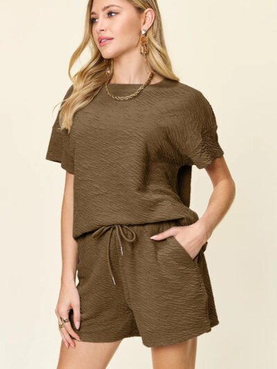 Double Take Full Size Texture Short Sleeve T-Shirt and Drawstring Shorts Set 240cec25-ea2b-4d51-aae2-deb3a7cd0a67-Max
