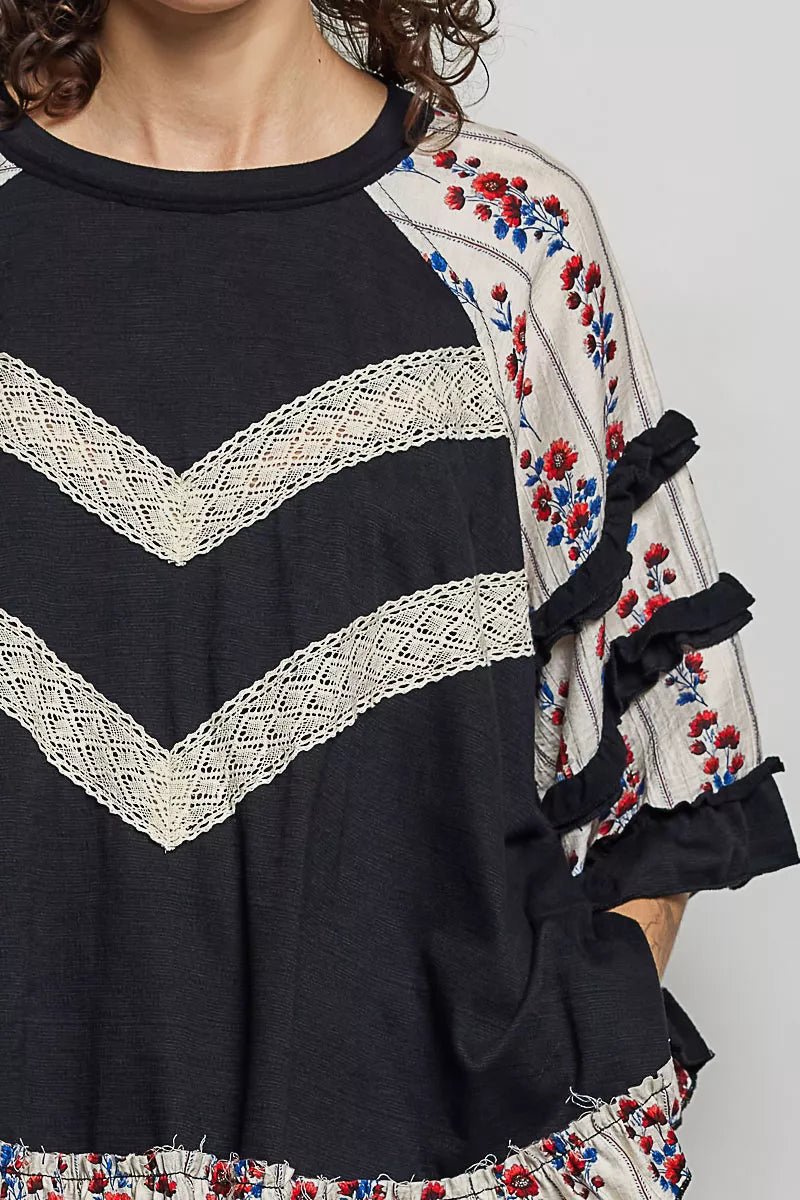 POL Round Neck Half Sleeve Contrast Floral Lace Oversized Knit Top 24636f27-c38e-4d22-8d8c-110b5cf2e643-Max-Origin