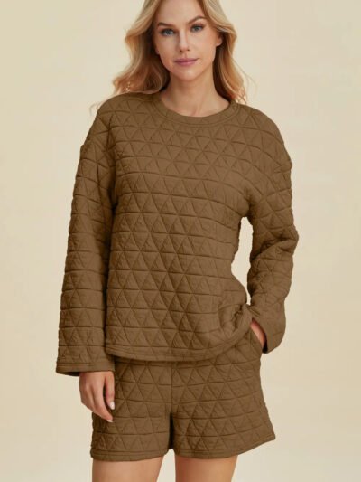 Double Take Full Size Texture Round Neck Long Sleeve Top and Shorts Set 25620b2b-70df-4a3d-91d8-05420ae6a146-Max