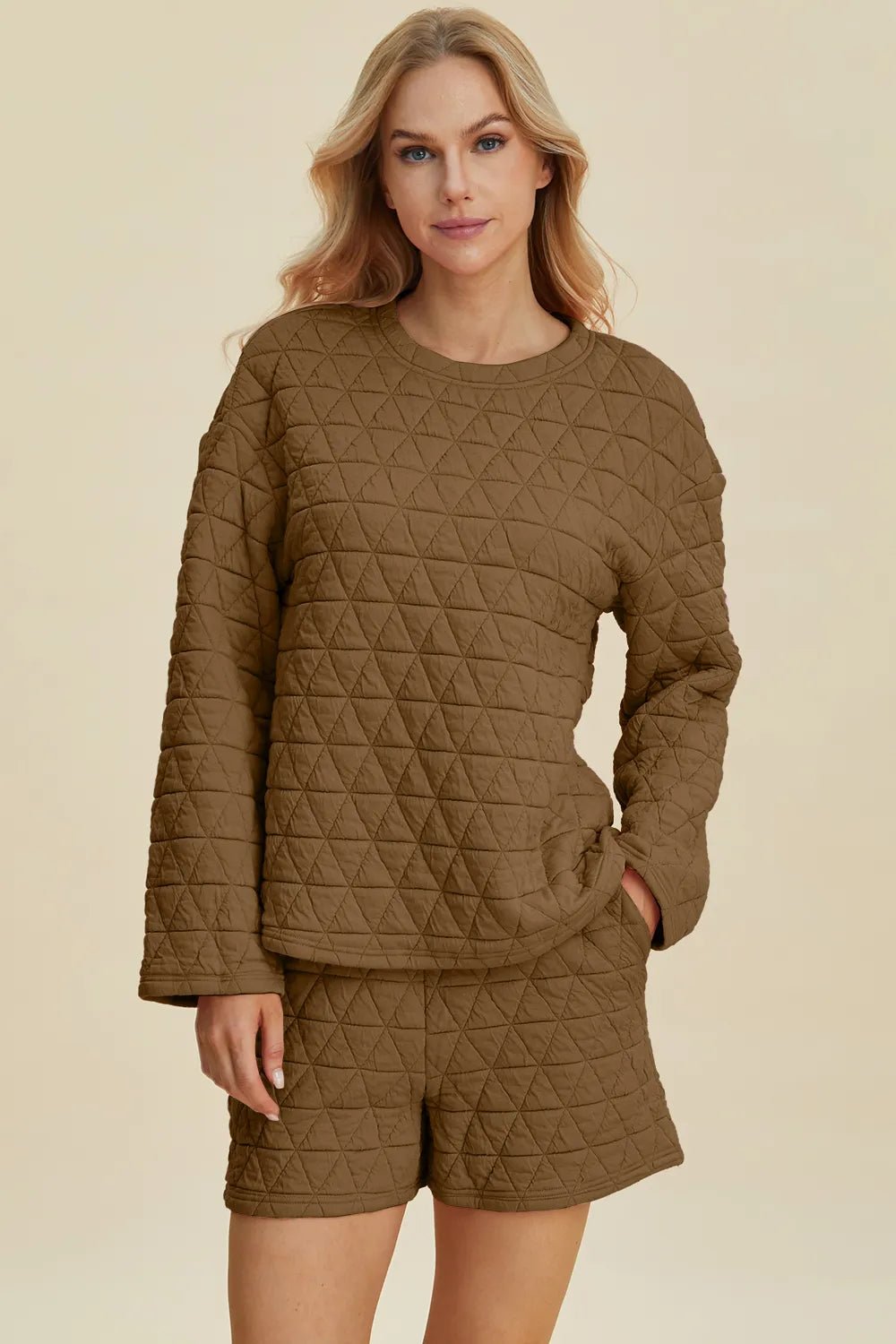Double Take Full Size Texture Round Neck Long Sleeve Top and Shorts Set 25620b2b-70df-4a3d-91d8-05420ae6a146-Max