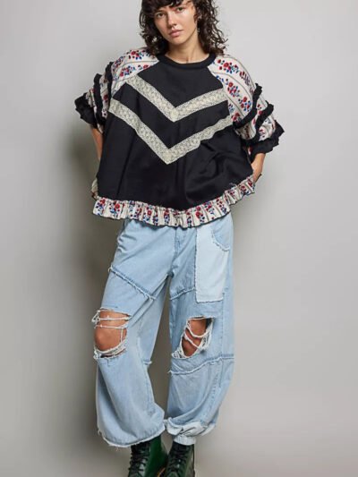 POL Round Neck Half Sleeve Contrast Floral Lace Oversized Knit Top 258a6e4c-0d60-4830-968f-6c774298c1e6-Max-Origin