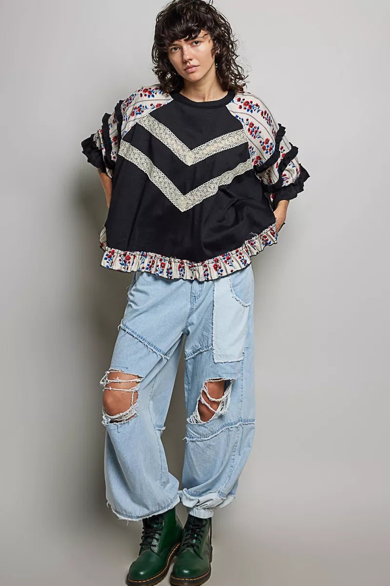 POL Round Neck Half Sleeve Contrast Floral Lace Oversized Knit Top 258a6e4c-0d60-4830-968f-6c774298c1e6-Max-Origin