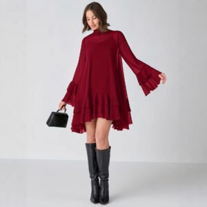 Chiffon Half-high Neck Dress With Flared Sleeves