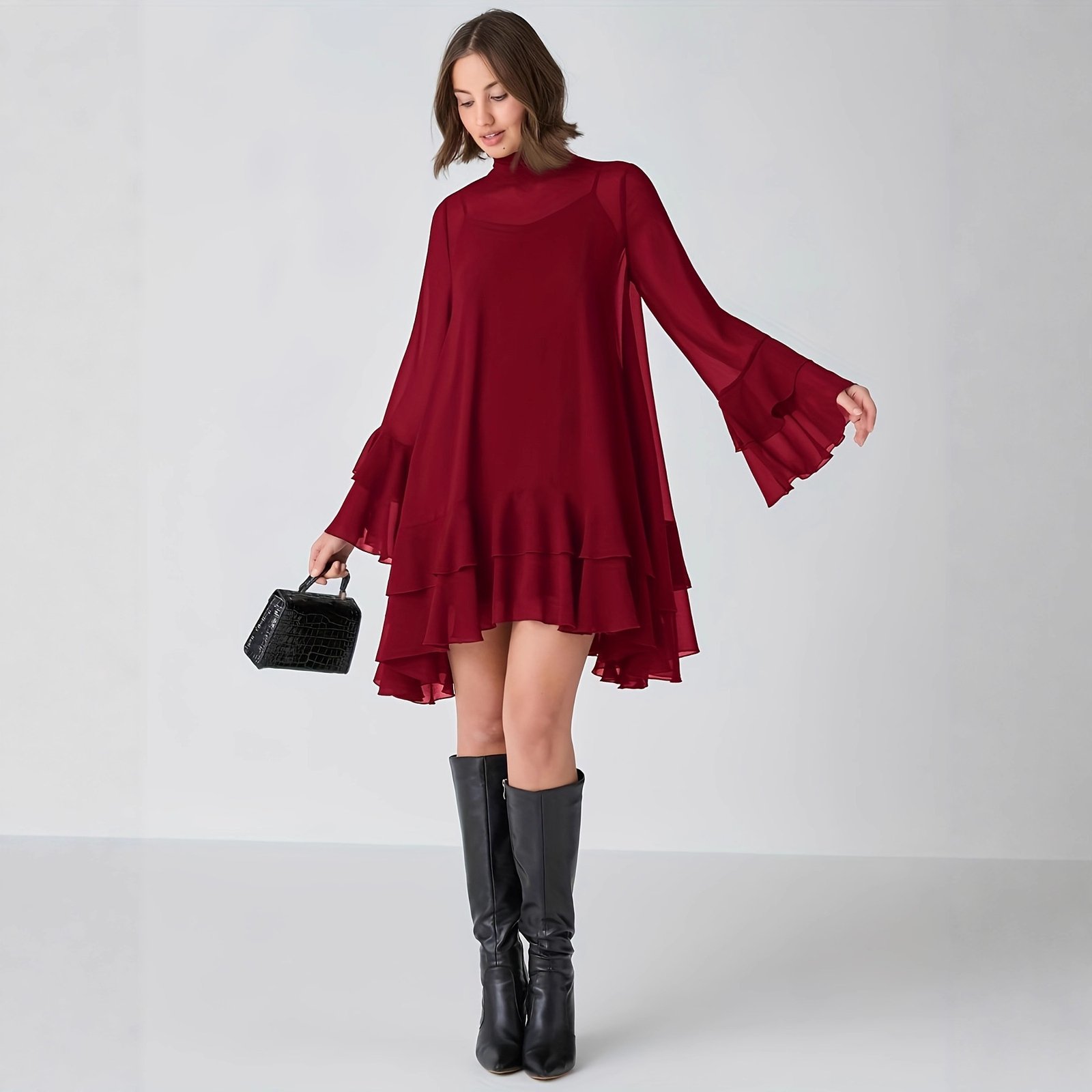 Chiffon Half-high Neck Dress With Flared Sleeves Chiffon Half-high Neck Dress With Flared Sleeves