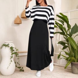 Elegant Long Dress Set with Striped Top and Dress for Women, Plus Size Fashion Two-Piece Outfit