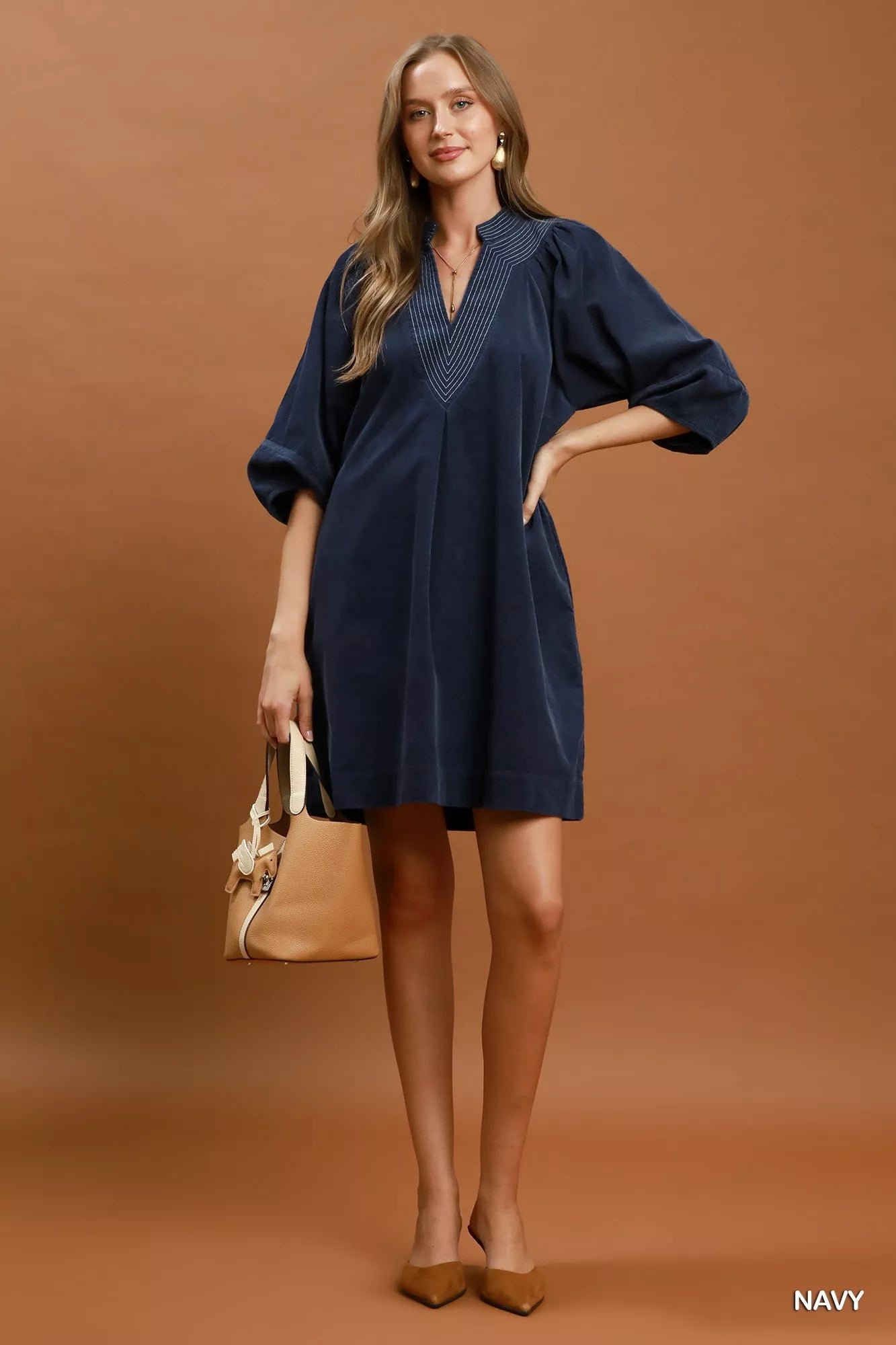 Umgee Corduroy V-Neck Puff Sleeve Shift Dress with Pockets 2a2cf759-4c28-45d4-aa16-631815d606d6-Max-Origin