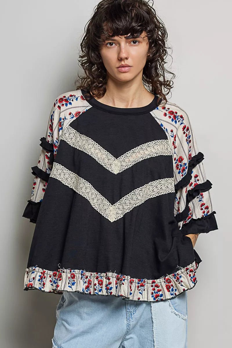 POL Round Neck Half Sleeve Contrast Floral Lace Oversized Knit Top 2a75c558-d86c-4f55-b218-1d268eafce61-Max-Origin