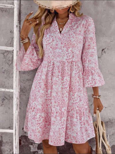 Loose V-neck Ruffle Floral Dress For Women Loose V-neck Ruffle Floral Dress For Women