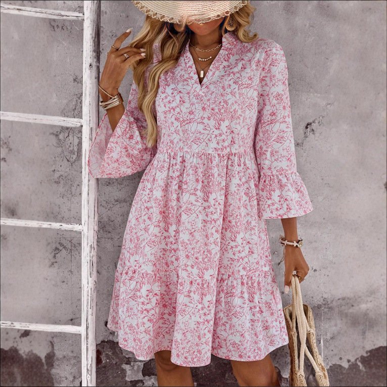 Loose V-neck Ruffle Floral Dress For Women Loose V-neck Ruffle Floral Dress For Women - Image 4