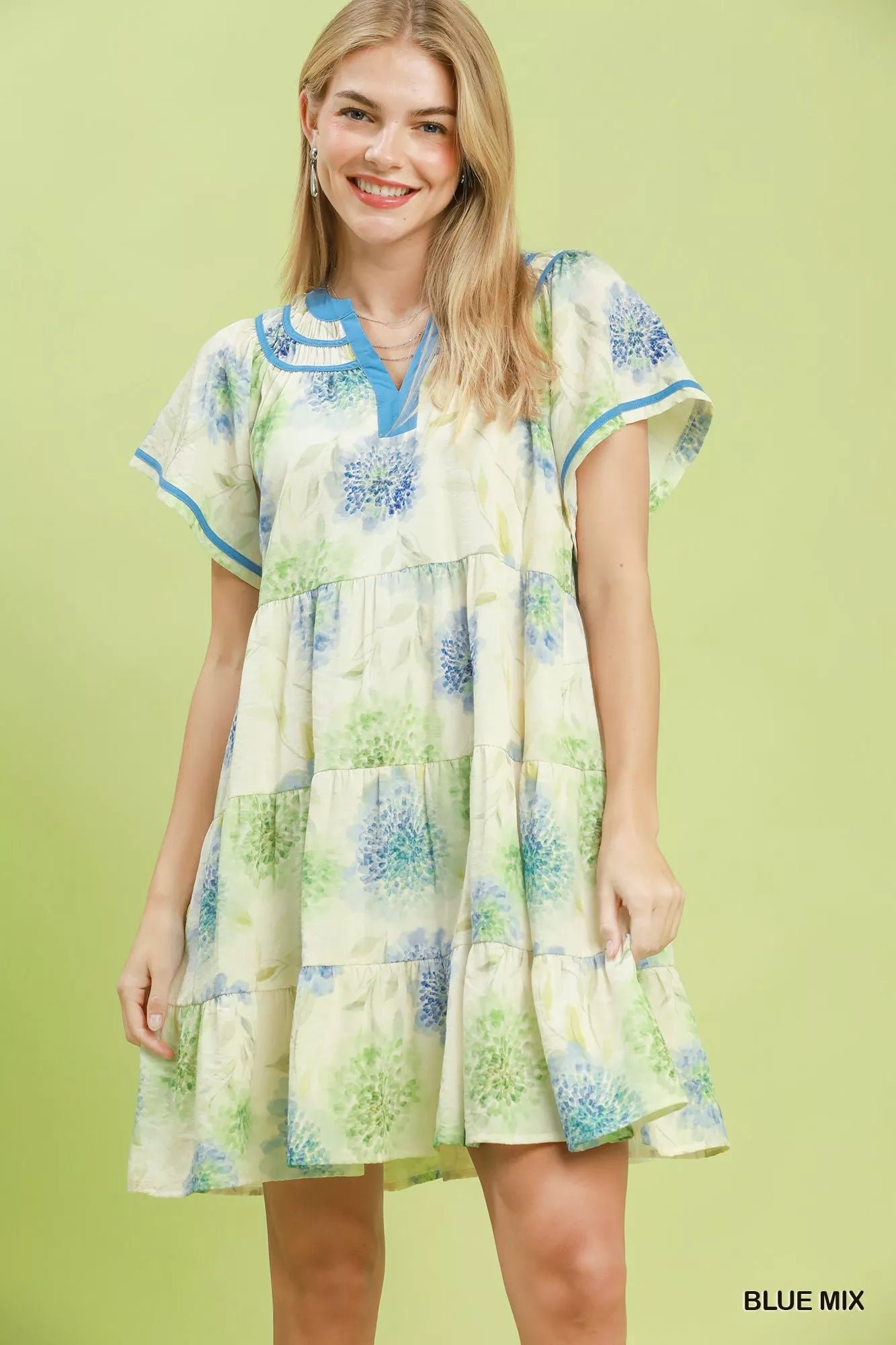 Umgee Floral Print Contrast Trim Tiered Babydoll Dress 339c7ace-48ec-4a69-9cac-8bc0a220383f-Max-Origin