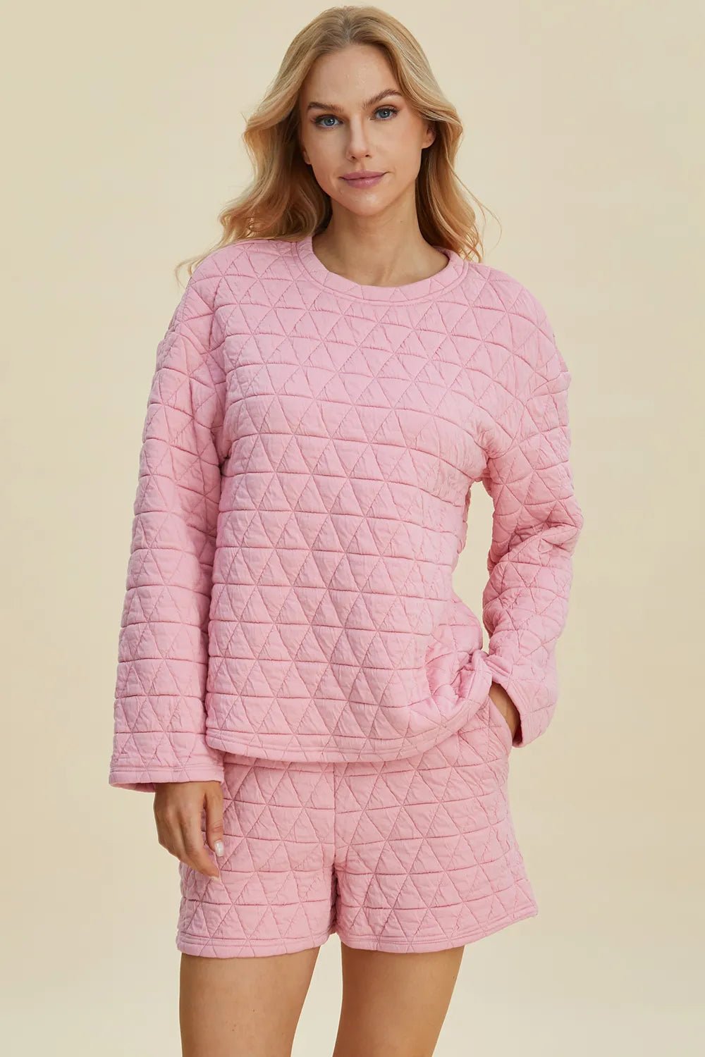Double Take Full Size Texture Round Neck Long Sleeve Top and Shorts Set 34a5578e-75f1-4bf2-9dfb-8a6fd329ec53-Max