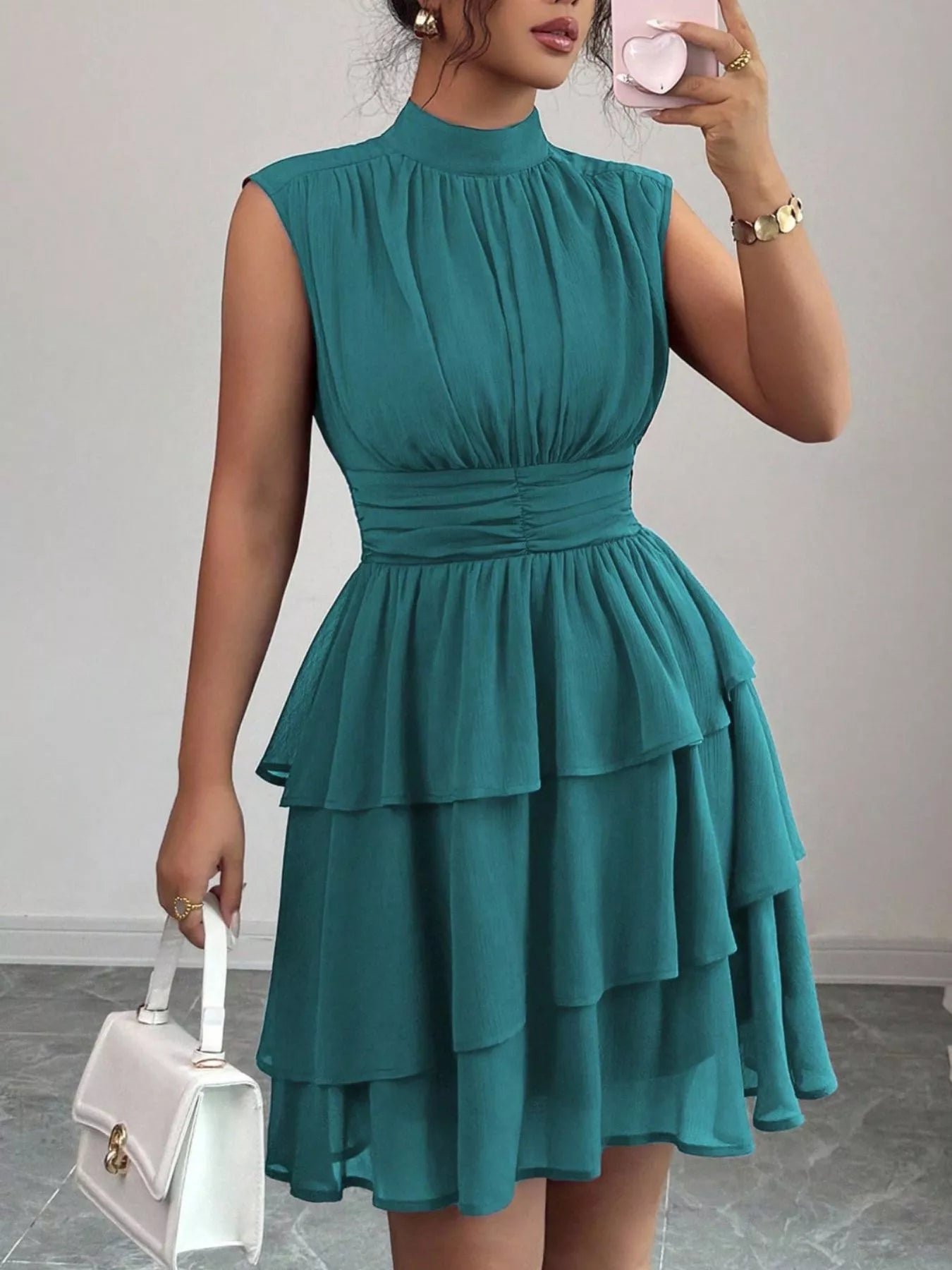 Sleeveless Mock Neck Layered Ruffle Dress 384cbab7-471d-440e-a4a6-1e637a83b0d9-Max-Origin