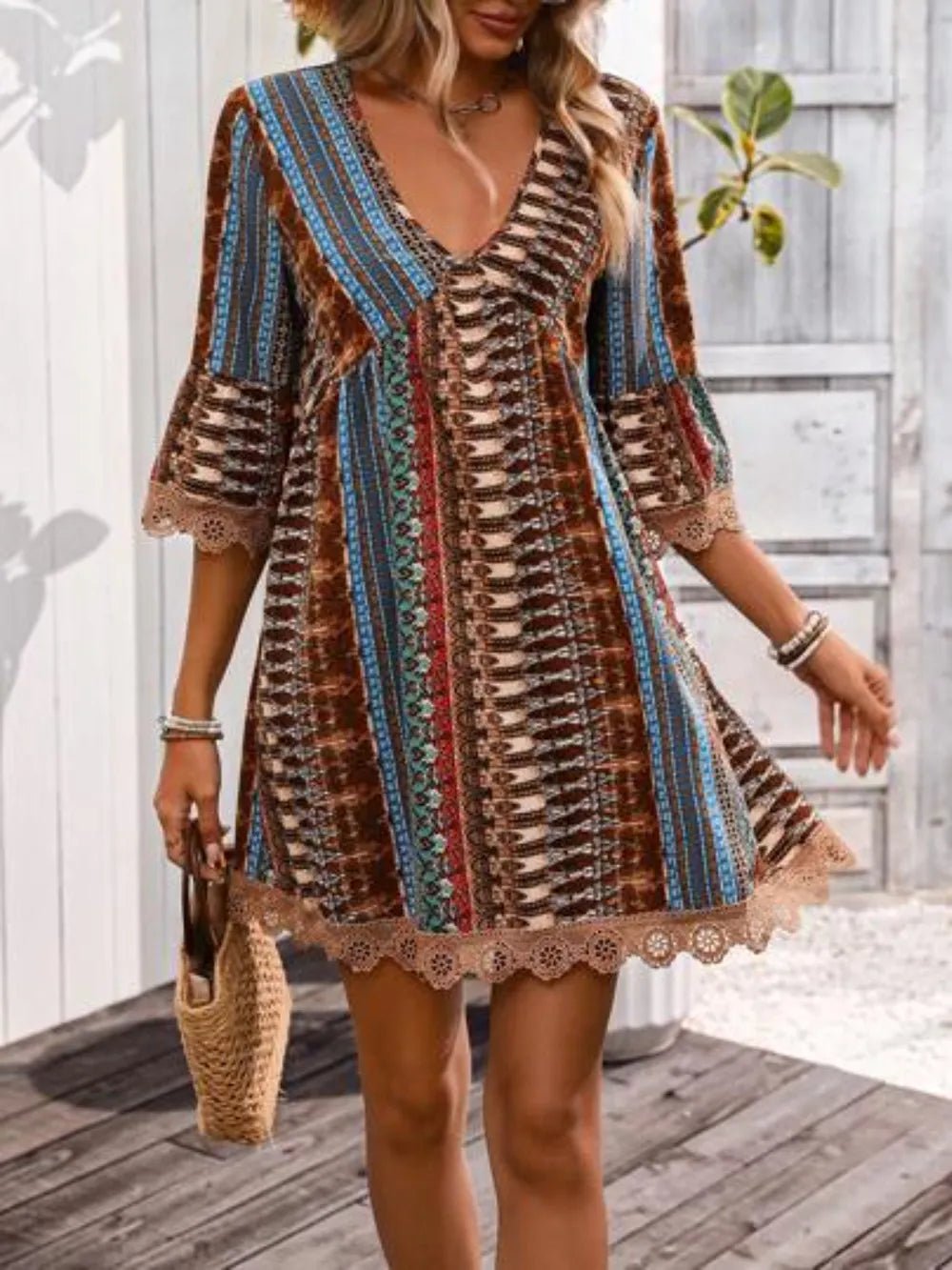 Lace Trim Printed V-Neck 3/4 Sleeve Dress 3c1f9b45-a1da-4fba-a431-d3e397300e47-Max