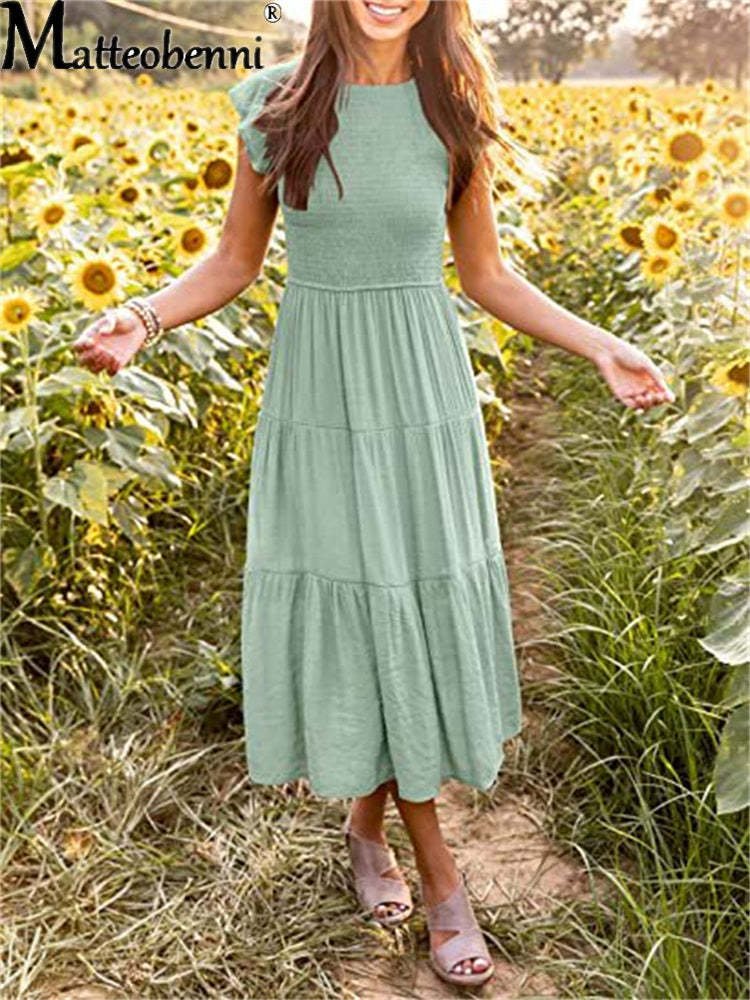 Gathered Layered Short Sleeve Swing Dress Gathered Layered Short Sleeve Swing Dress