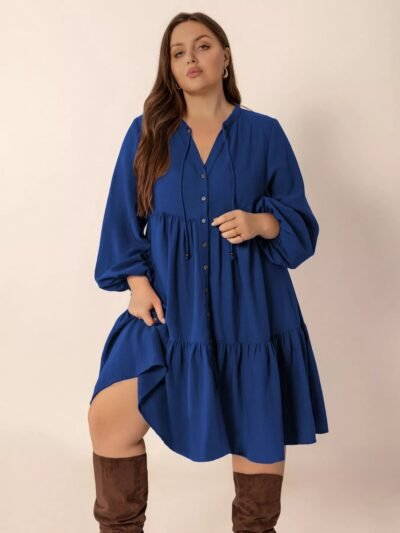 Plus Size Tie Neck Balloon Sleeve Dress 3de826ca-70be-432f-9f44-78ec751e0eca-Max-Origin