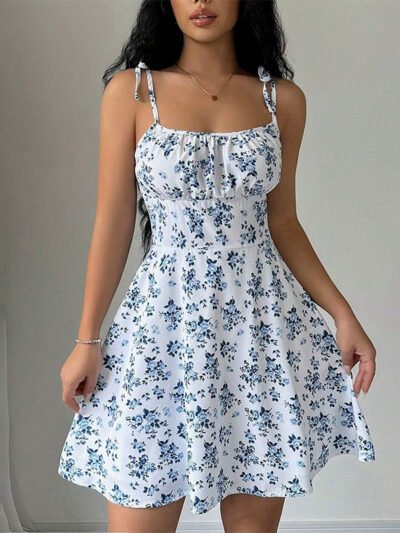 Floral Print Dress Summer Sweet A- Line Waist Trimming Dresses Women's Slimming Casual Clothing