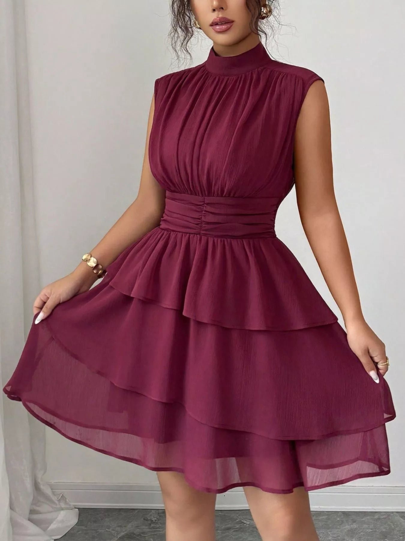 Sleeveless Mock Neck Layered Ruffle Dress 40884cdc-10e8-4b4a-a065-589f1fb481e8-Max-Origin