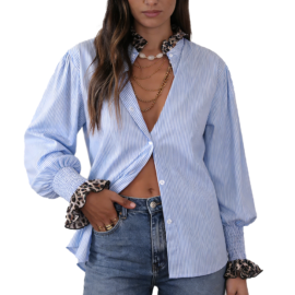 Striped Leopard Patchwork Button Down Shirt