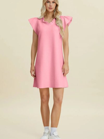 Double Take Full Size Ruffled V-Neck Cap Sleeve Dress 40f888cf-197b-4e17-8ed9-01299ab9fdf9-Max