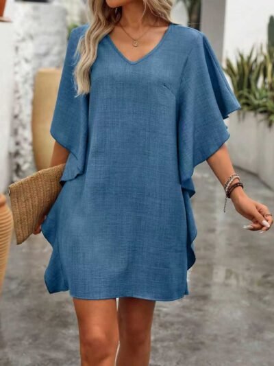 Solid-color Loose-fitting Flowing V-neck Dress With Ruffled Hem Solid-color Loose-fitting Flowing V-neck Dress With Ruffled Hem