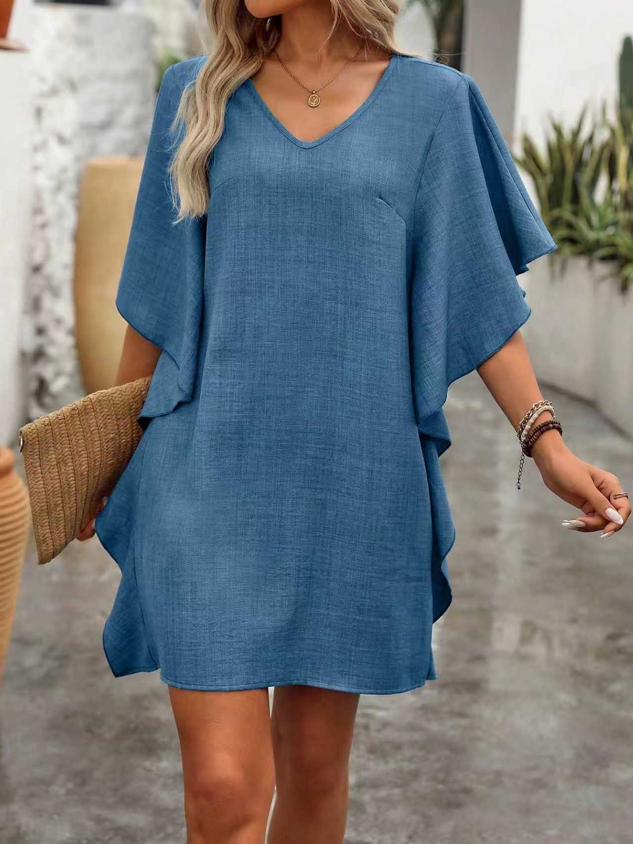 Solid-color Loose-fitting Flowing V-neck Dress With Ruffled Hem Solid-color Loose-fitting Flowing V-neck Dress With Ruffled Hem - Image 9