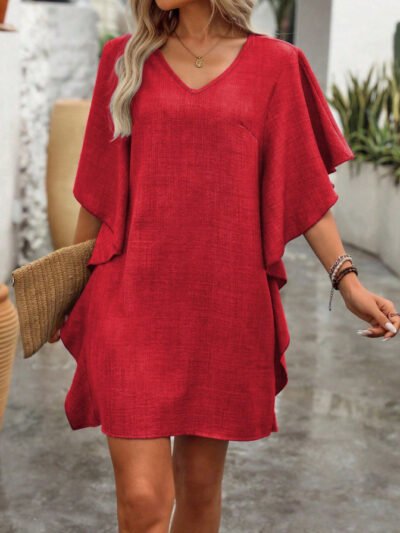 Solid-color Loose-fitting Flowing V-neck Dress With Ruffled Hem Solid-color Loose-fitting Flowing V-neck Dress With Ruffled Hem