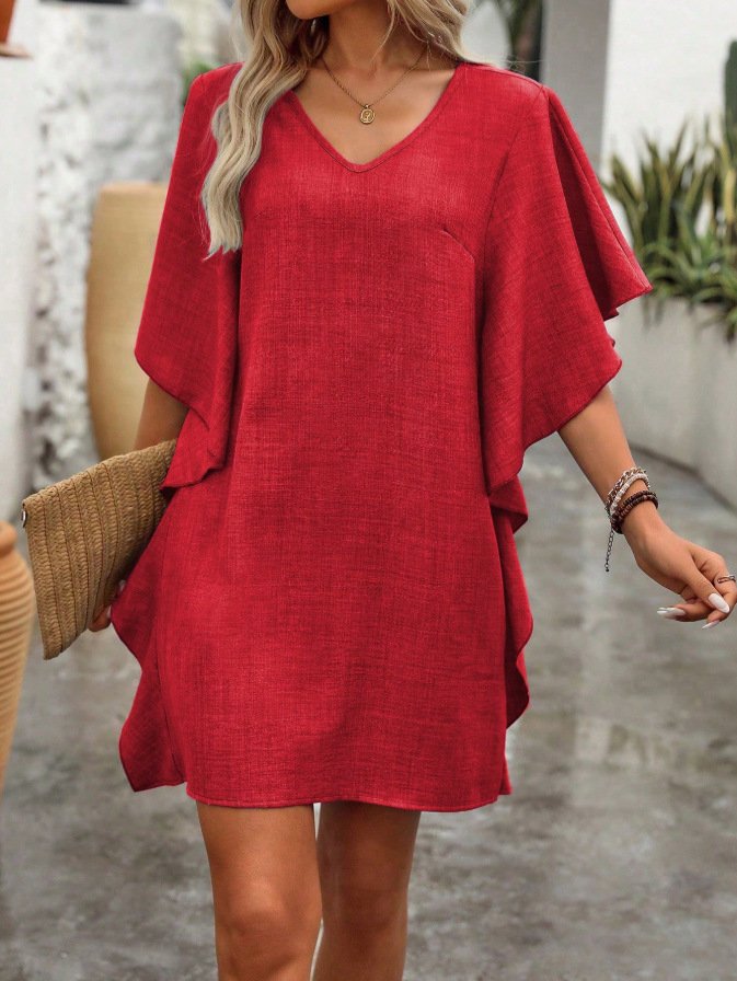 Solid-color Loose-fitting Flowing V-neck Dress With Ruffled Hem Solid-color Loose-fitting Flowing V-neck Dress With Ruffled Hem - Image 7