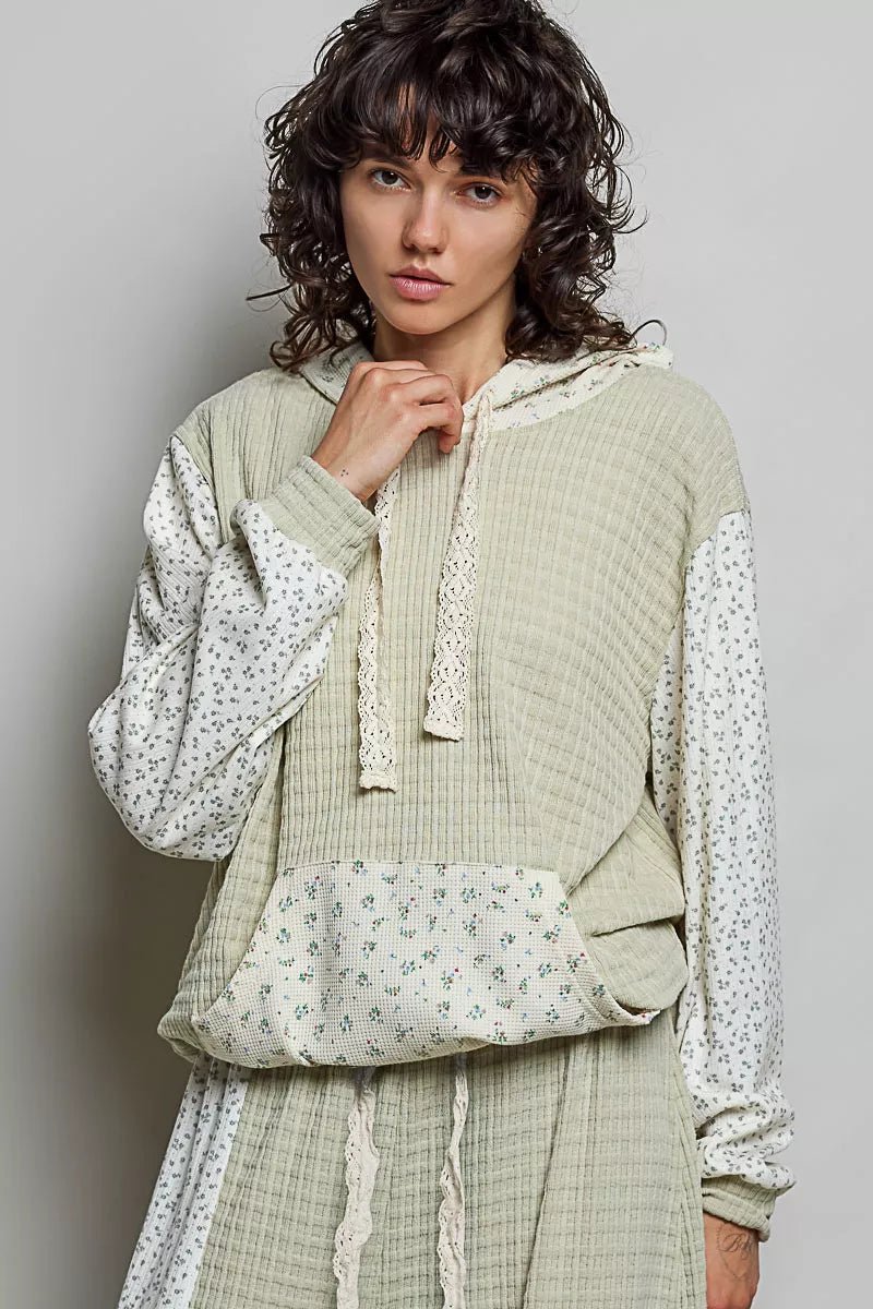 POL Mixed Knit Contrast Print Sleeve Hoodie with Kangaroo Pocket 48b534ec-e12b-4c17-ae47-c65dc086808a-Max-Origin
