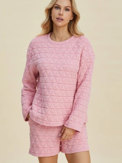 Double Take Full Size Texture Round Neck Long Sleeve Top and Shorts Set 4b984399-15f2-47cb-99cf-80a92bd78691-Max
