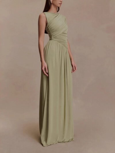 Elegant Solid-Color Pleated Asymmetrical-Neck Bodycon Dress