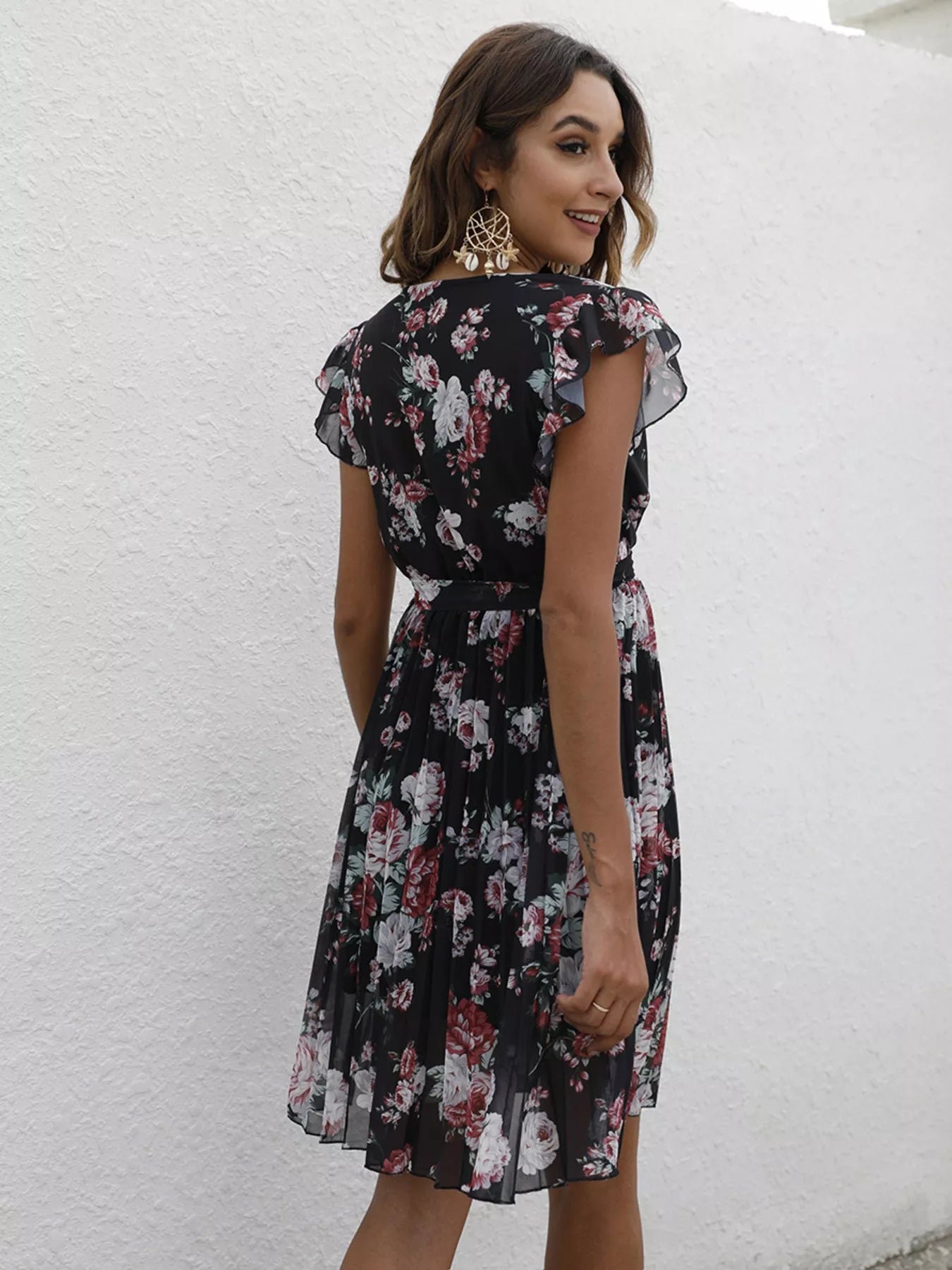 Pleated Floral Print Ruffle Sleeve Dress 4e45443f9d6441bfb7a43cebce6108cd-Max-Origin