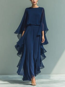 Women's deep blue wide leg pants set with ruffle long sleeve top
