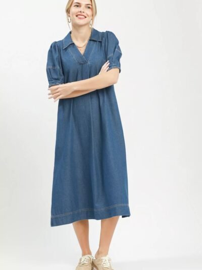 Umgee Chambray Collared Puff Sleeve Dress 5089ba4b-f6ac-498b-a287-0ef7325ceddb-Max-Origin