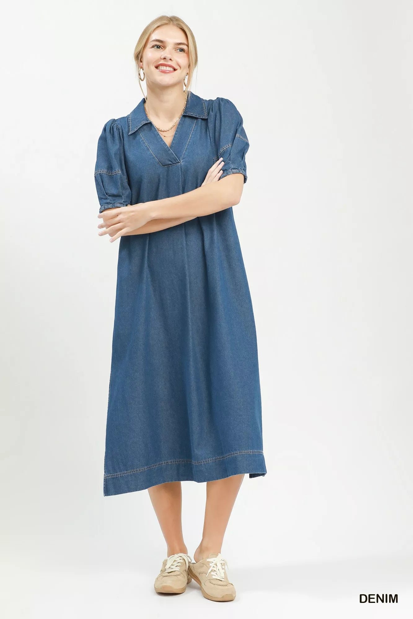 Umgee Chambray Collared Puff Sleeve Dress 5089ba4b-f6ac-498b-a287-0ef7325ceddb-Max-Origin