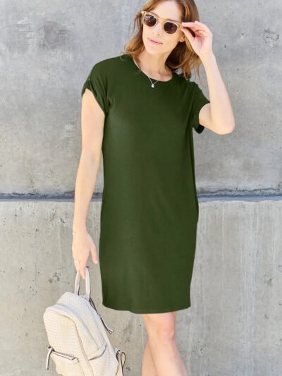 Basic Bae Full Size Round Neck Short Sleeve Dress with Pockets 51906b44-57ca-40e4-bfb4-1d3276bafb89-Max