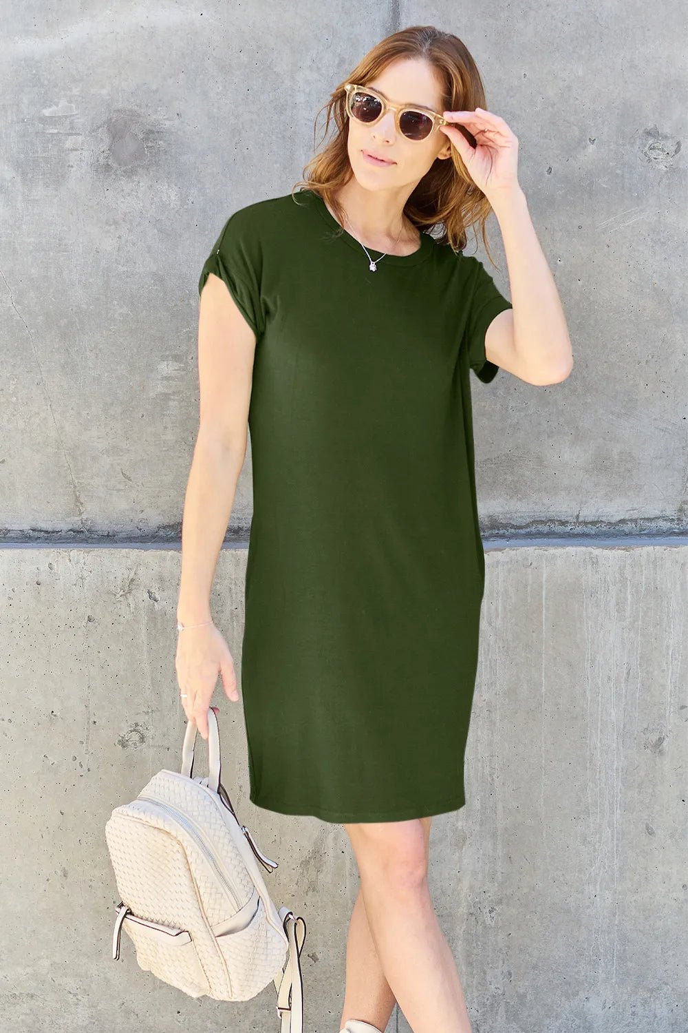 Basic Bae Full Size Round Neck Short Sleeve Dress with Pockets 51906b44-57ca-40e4-bfb4-1d3276bafb89-Max