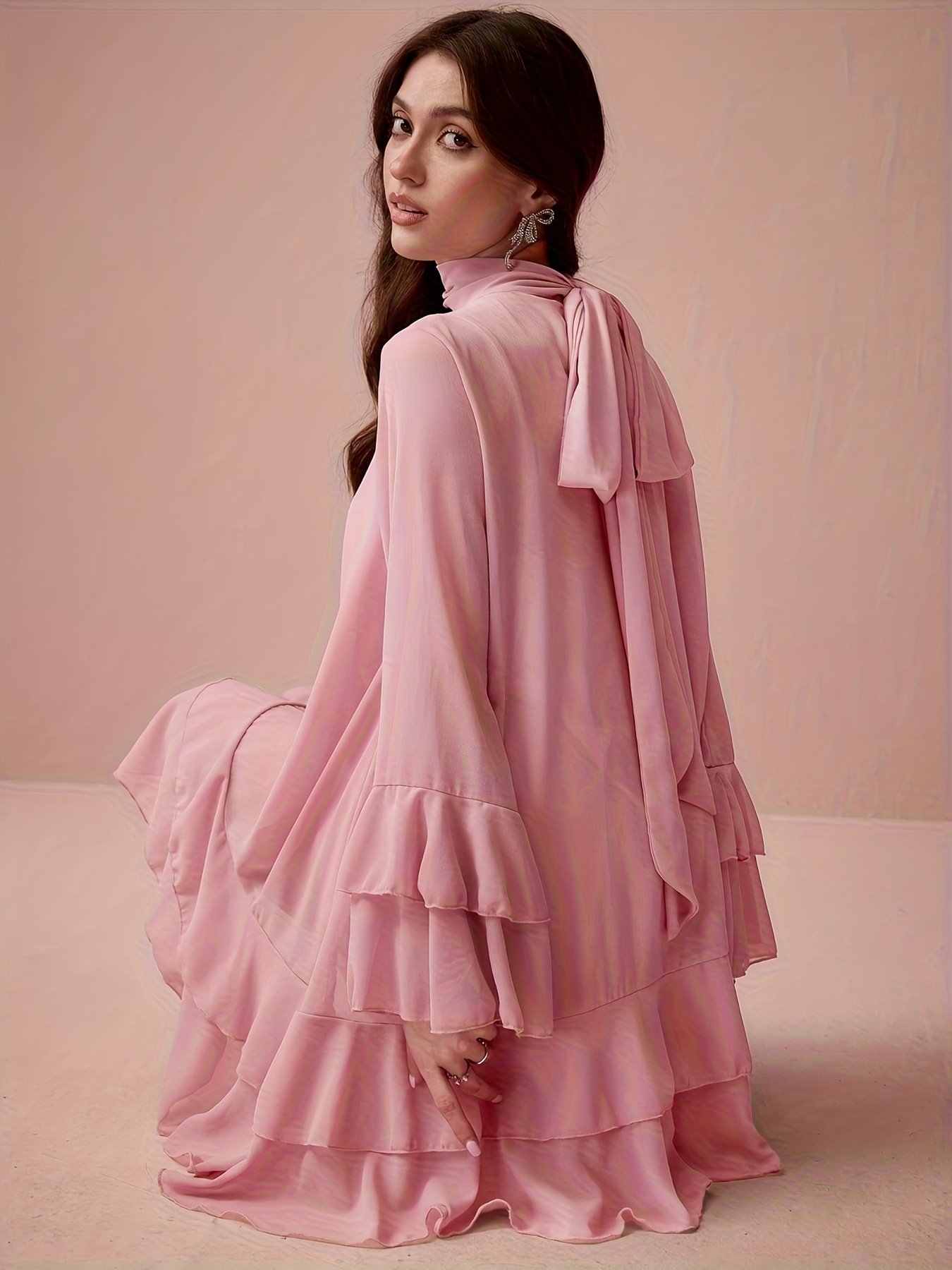Chiffon Half-high Neck Dress With Flared Sleeves Chiffon Half-high Neck Dress With Flared Sleeves - Image 8