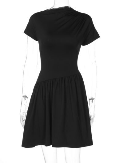 Lace-up Pleated Solid-color Short-sleeve Dress Lace-up Pleated Solid-color Short-sleeve Dress