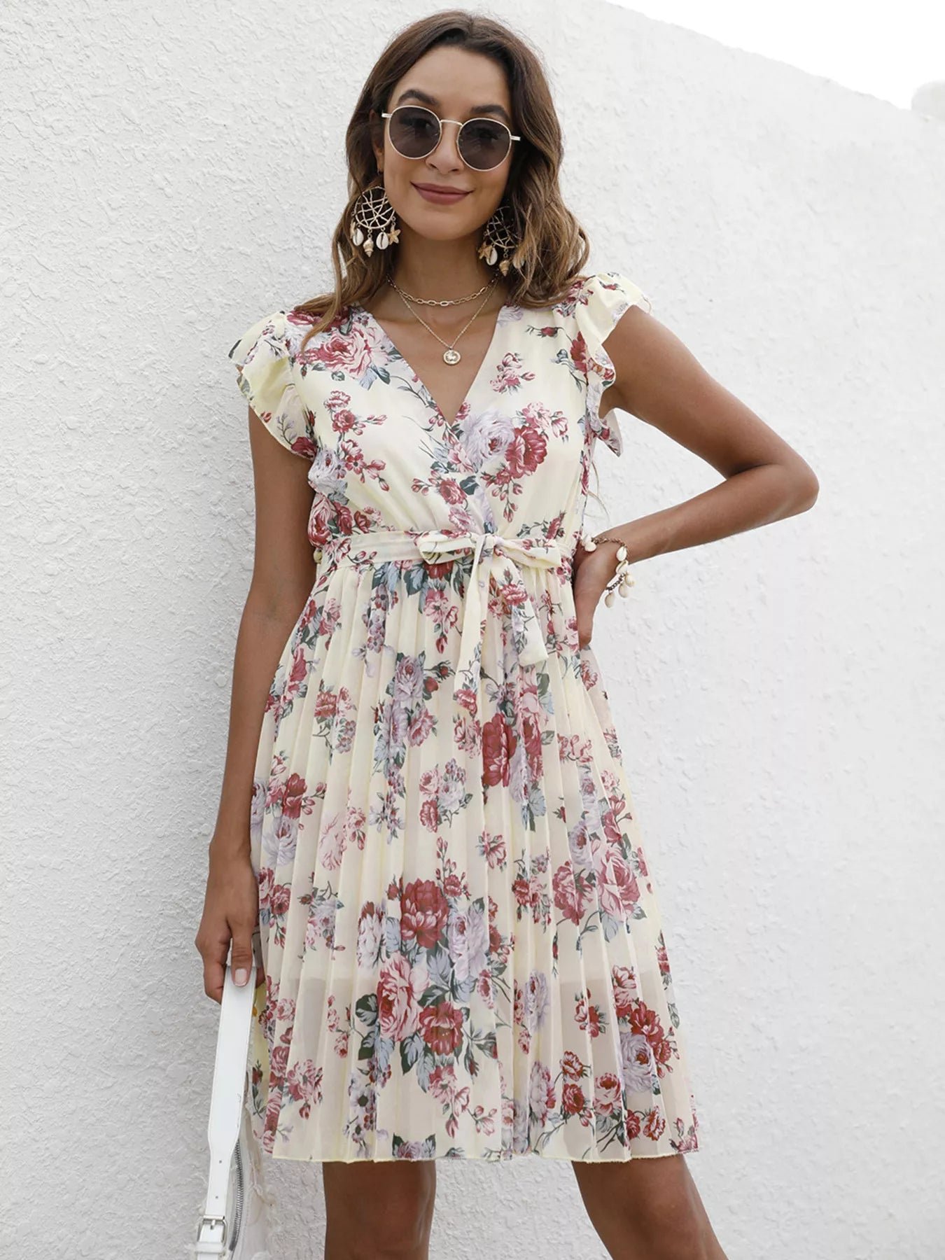 Pleated Floral Print Ruffle Sleeve Dress 5b34f6a34c5840ebba4611c42b881c66-Max-Origin