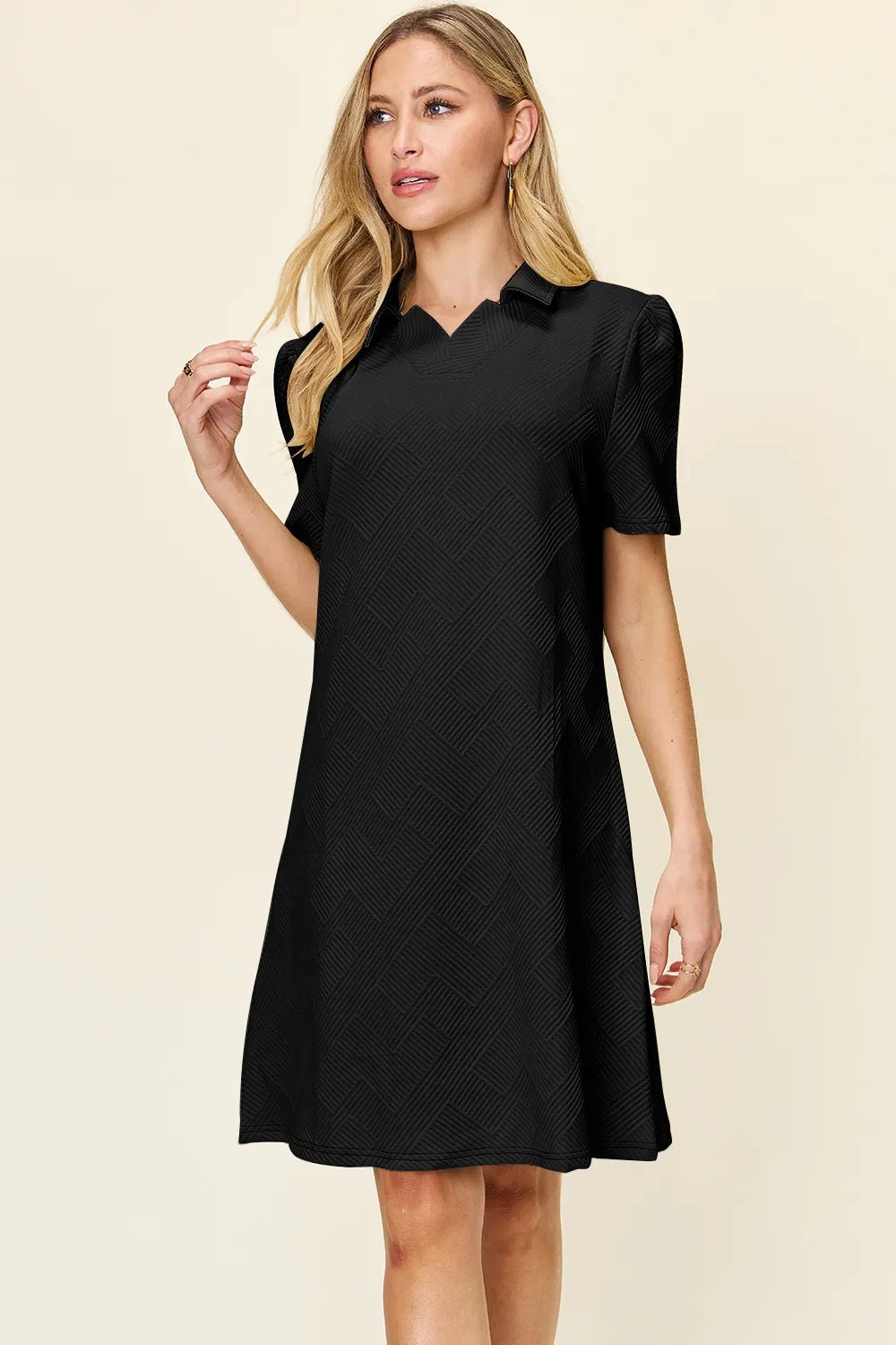 Double Take Full Size Texture Collared Neck Short Sleeve Dress 5bd58be3-157a-4720-a2cc-37047e5e5c2f-Max