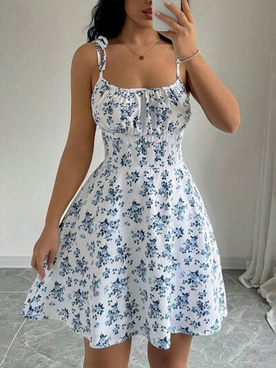 Floral Print Dress Summer Sweet A- Line Waist Trimming Dresses Women's Slimming Casual Clothing