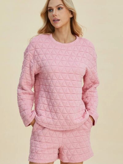Double Take Full Size Texture Round Neck Long Sleeve Top and Shorts Set 5e8402b6-84cc-4b60-a5bb-4f42780d8e97-Max