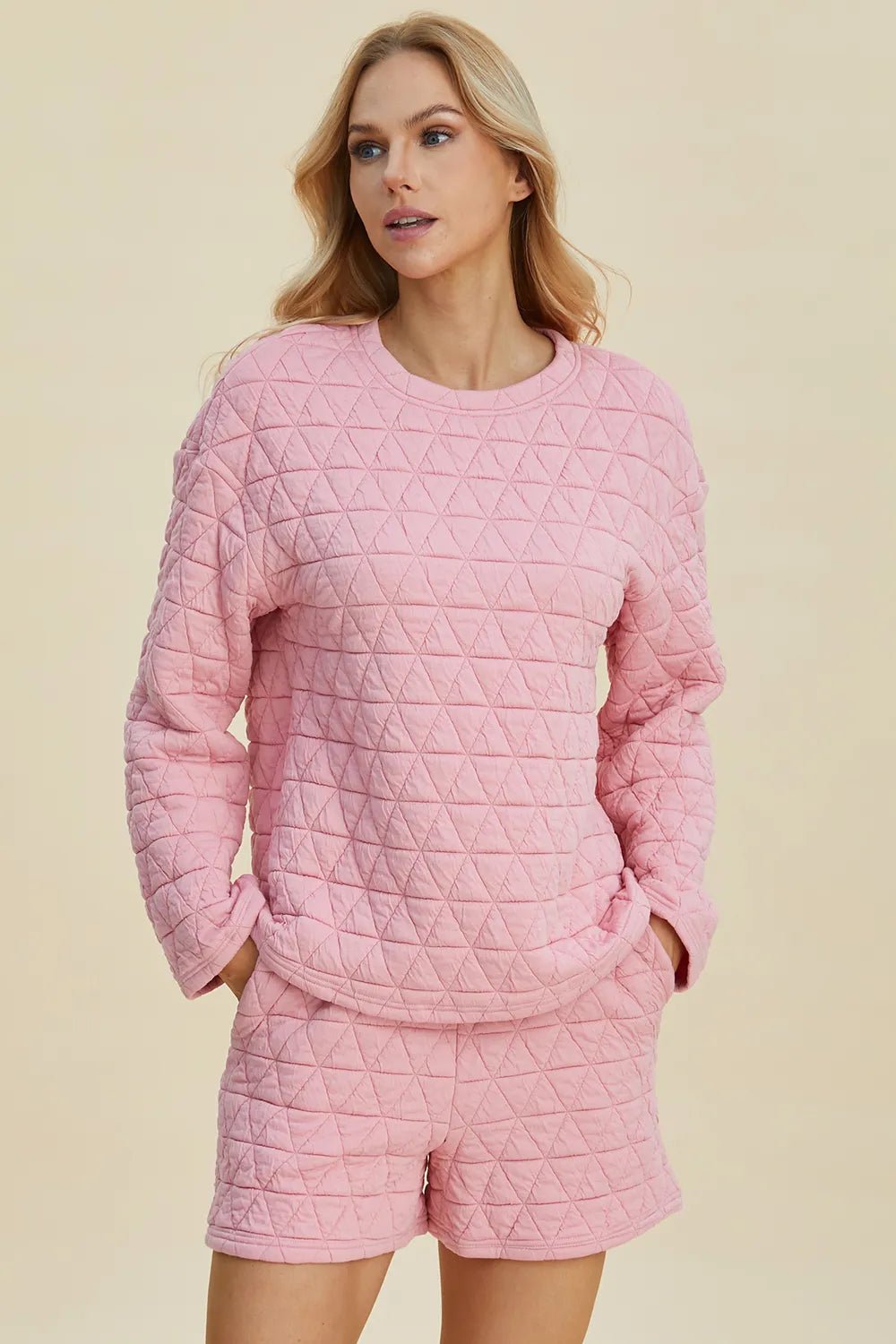 Double Take Full Size Texture Round Neck Long Sleeve Top and Shorts Set 5e8402b6-84cc-4b60-a5bb-4f42780d8e97-Max