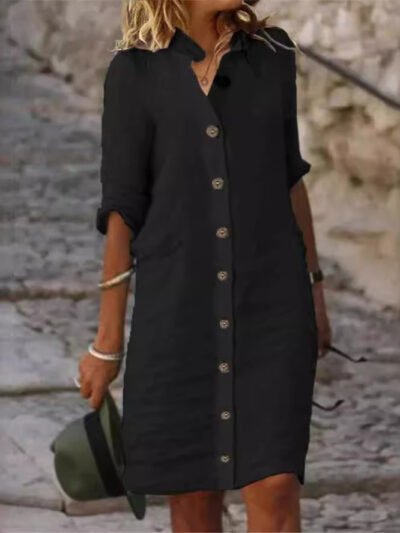 Half-sleeved Shirt Dress Summer V-neck Single-breasted Button Dresses Women's Clothing