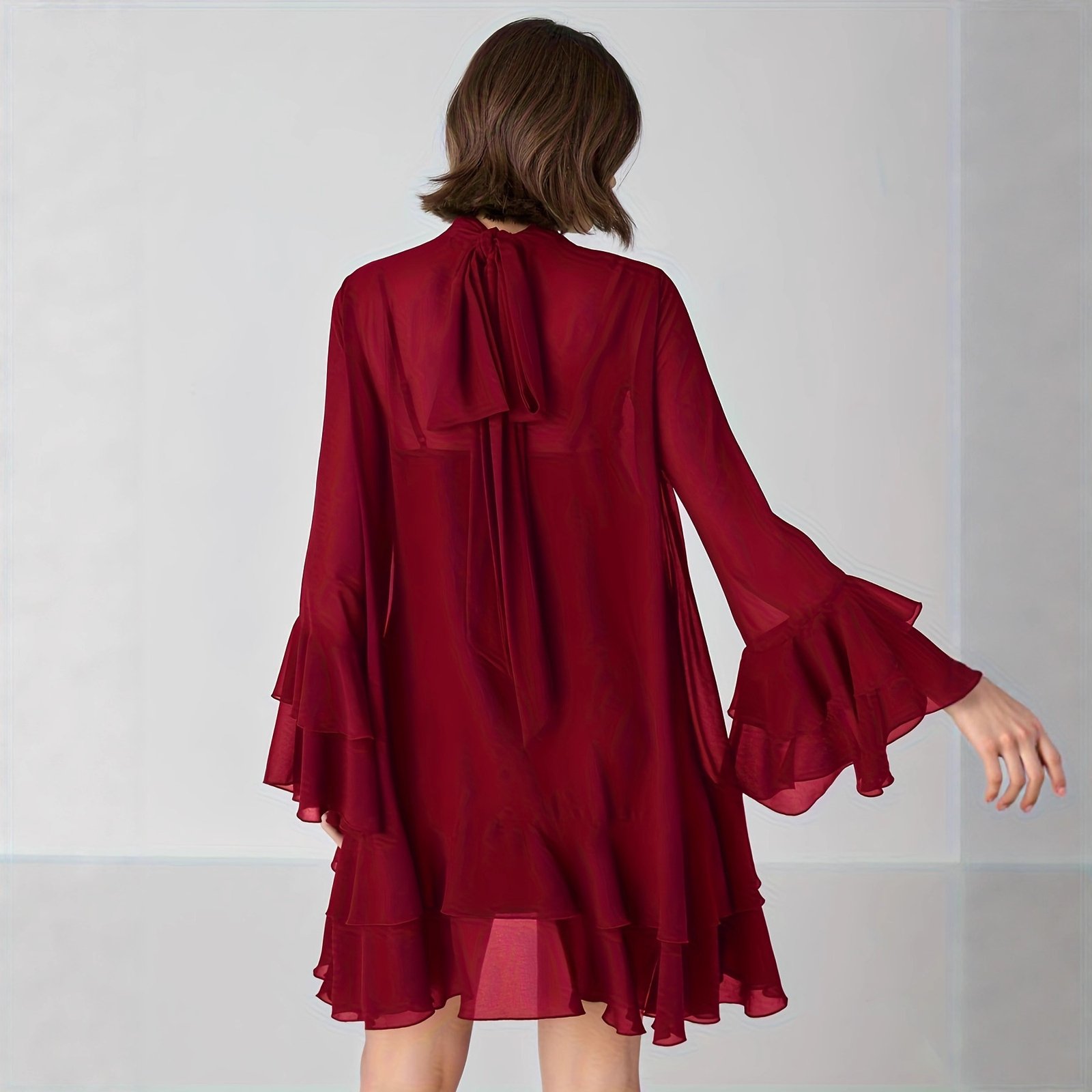 Chiffon Half-high Neck Dress With Flared Sleeves Chiffon Half-high Neck Dress With Flared Sleeves - Image 2