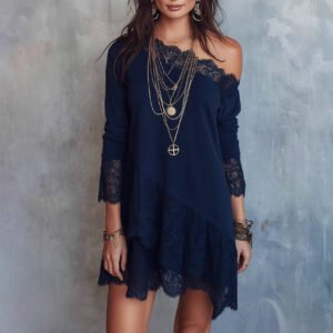 Casual Western-style Lace-Patchwork Loose Short Dress Casual Western-style Lace-Patchwork Loose Short Dress