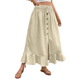Retro elastic waist button half skirt with split half skirt for women