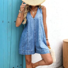 Sleeveless V-neck denim jumpsuit shorts