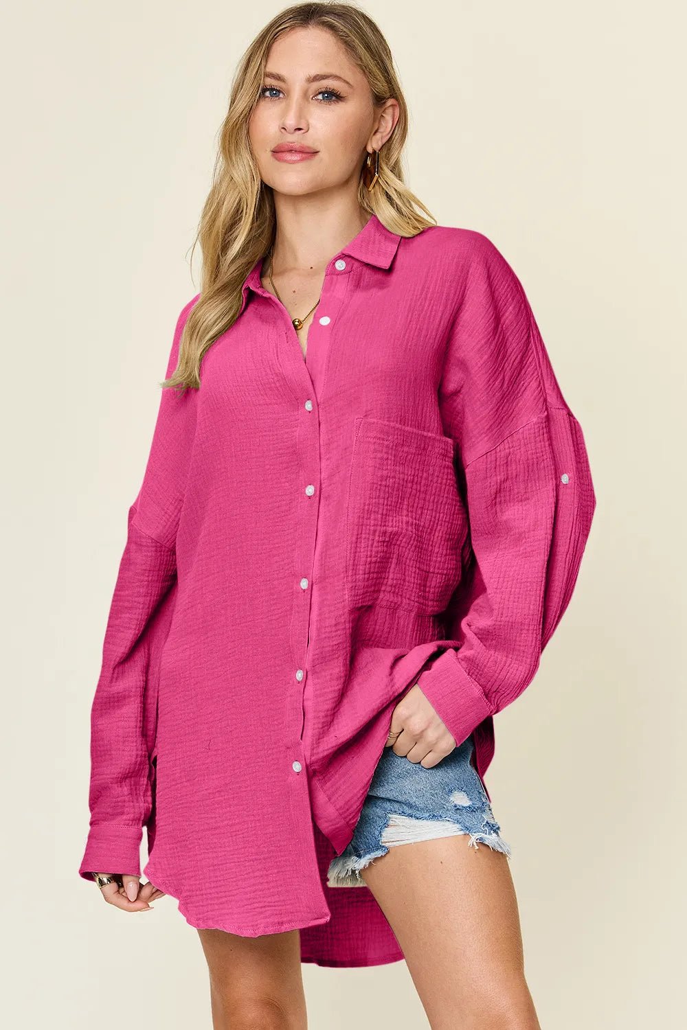 Double Take Full Size Pocketed Texture Button Up Shirt 64c5d0b3-234b-4e9f-a786-e037ff51604b-Max