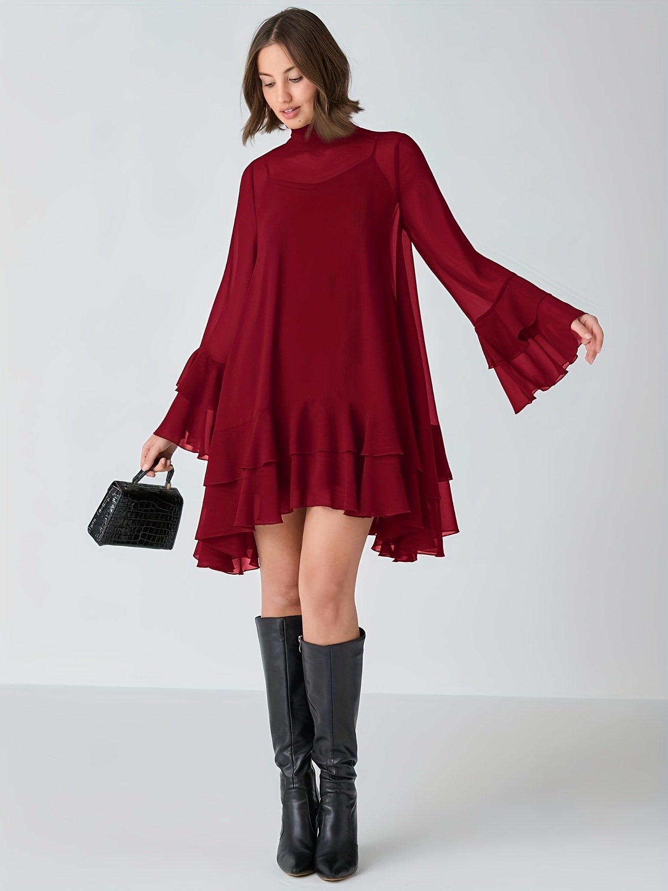 Chiffon Half-high Neck Dress With Flared Sleeves Chiffon Half-high Neck Dress With Flared Sleeves - Image 7